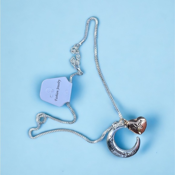 I Love You to the Moon and Back “Mom” Silver and Gold Moon/Heart charm necklace - Picture 10 of 11